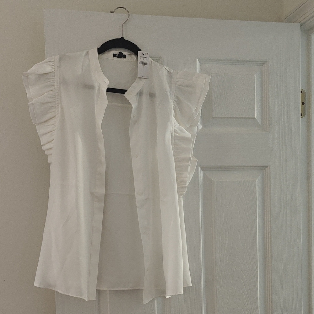 Express White Sleeveless Ruffled Button Down Shirt
